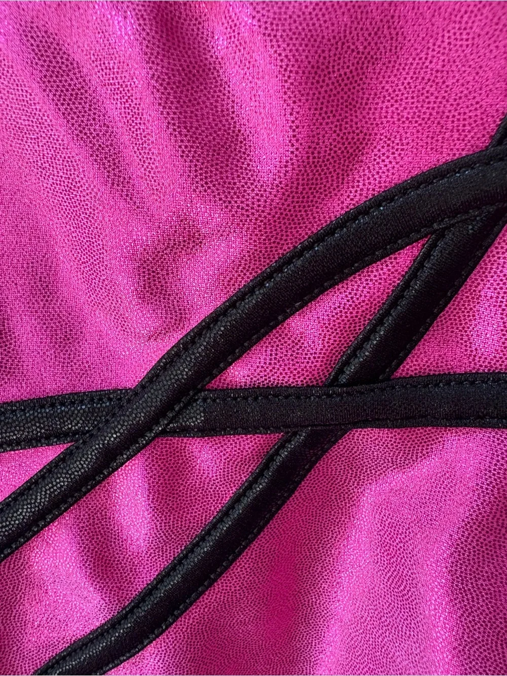 TUMBLEWEAR Hot Pink Shiny Gymnastics Leotard with Black Stripe Detail Size 6-7